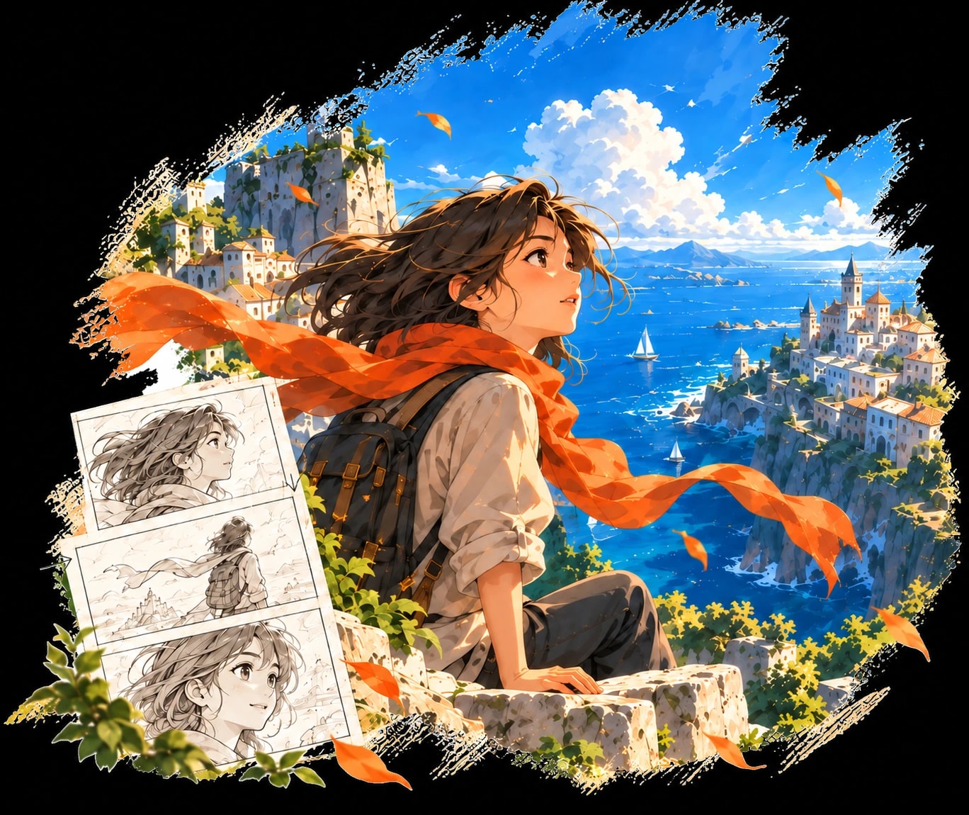 An illustrated story taking shape: pencil storyboards become a cinematic coastal world, with the same orange-scarf character in every shot.